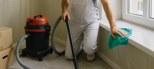 "Professionell byggstädning i Åtvidaberg – person rengör bostad efter renovering med dammsugare och mikrofiberduk för att ta bort byggdamm och smuts"